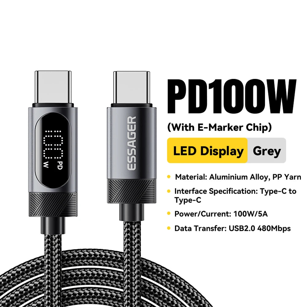 USB-C naar USB-C Kabel 100W - Snelladen met Digitaal Display - 1m/2m