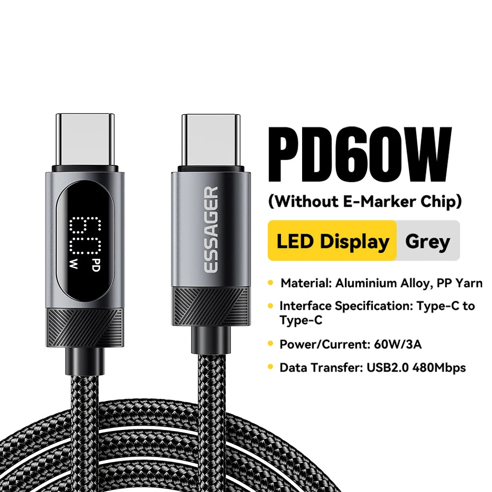 USB-C naar USB-C Kabel 100W - Snelladen met Digitaal Display - 1m/2m